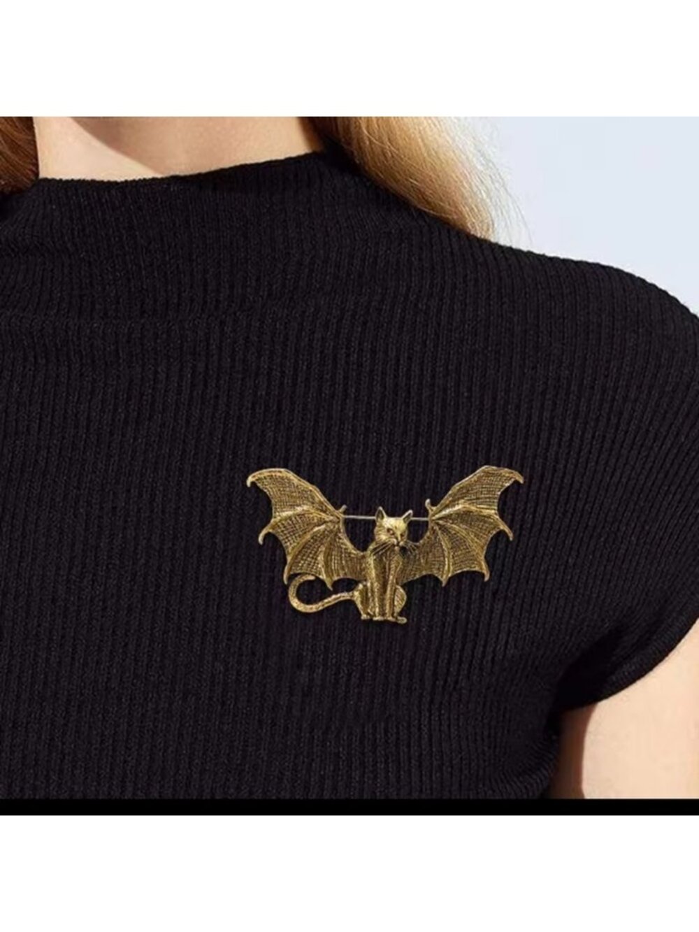 Gothic Bat Cat Brass Brooch - Picture 10 of 14